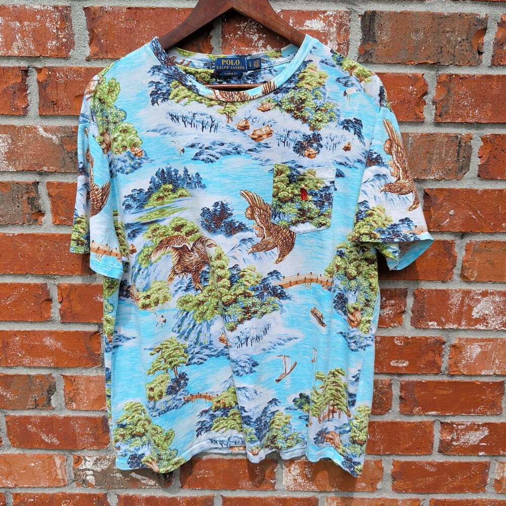 Polo Ralph Lauren T-Shirt Mens L Blue Scenic Toile Print Pocket Tee